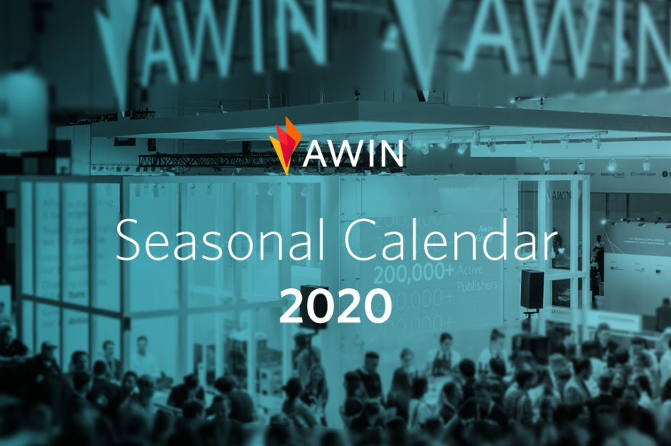 A photo of Awin exhibiting at DMEXCO 2019 with the tagline 'Seasonal Calendar 2020'