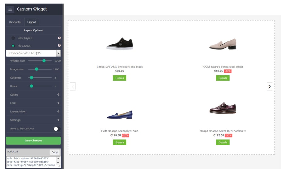 Screenshot dal sito con scarpe