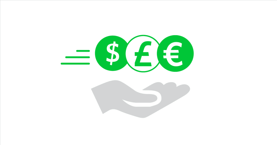 An image of a hand holding three coins with a dollar, pound and euro symbol