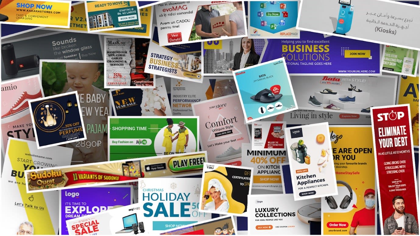 image shows a collage of numerous banner ads all overload on top of each other