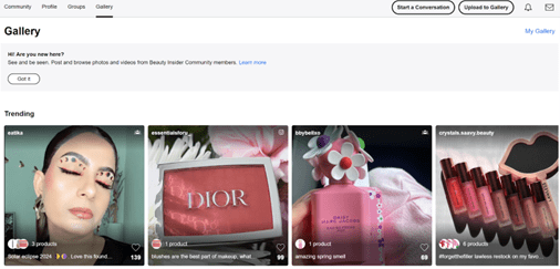 Screenshot of the Sephora community gallery, showing UGC images of makeup products and designs